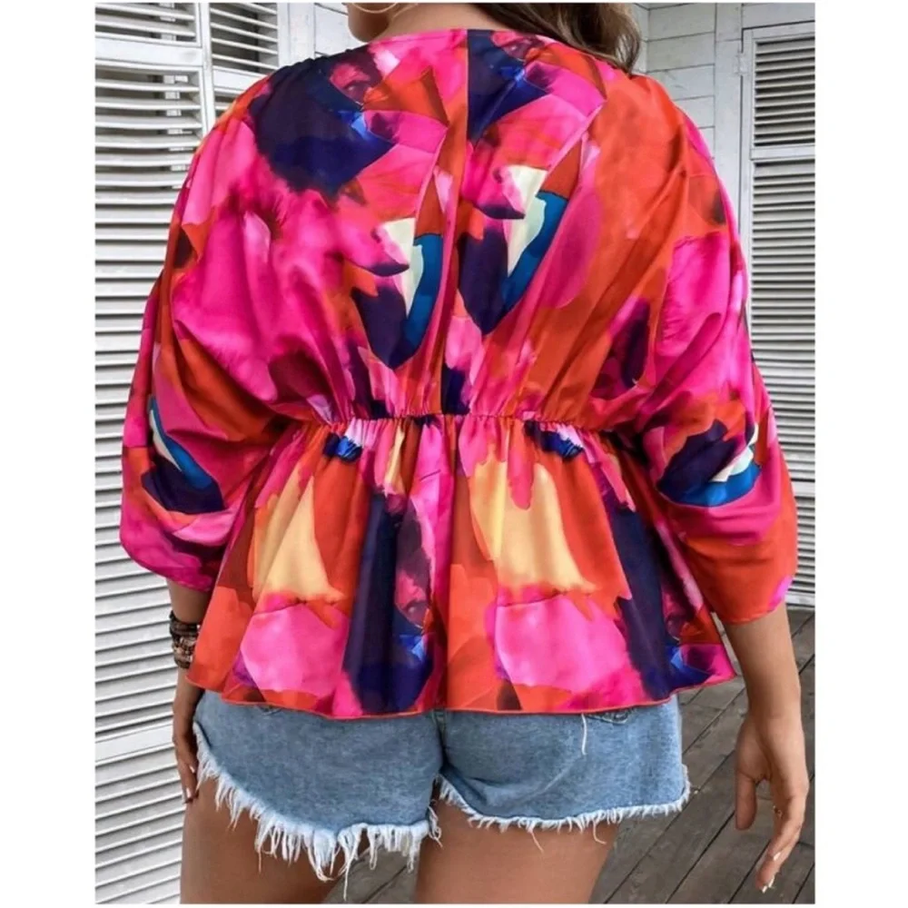 Plus Vibrant V Neck Batwing Sleeve Blouse 1X 2X 3X 4X - Picture 2 of 3